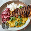 Sri Lankan Daal With Curry Spiced Oyster Mushroom Skewers & Beetroot Raita Over Fluffy Basmati Rice