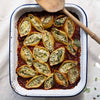 High Protein Conchiglioni Pasta Shells Stuffed With Lemon Garlic Spinach 'Ricotta' In Rich Tomato Lentil Sauce